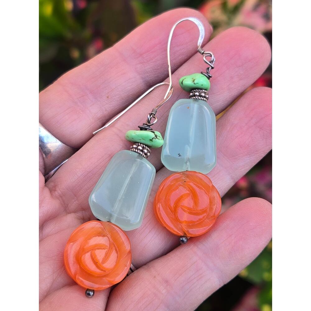 Vintage Carved Green and Orange Jade, Turquoise Flower Theme Dangle Earrings